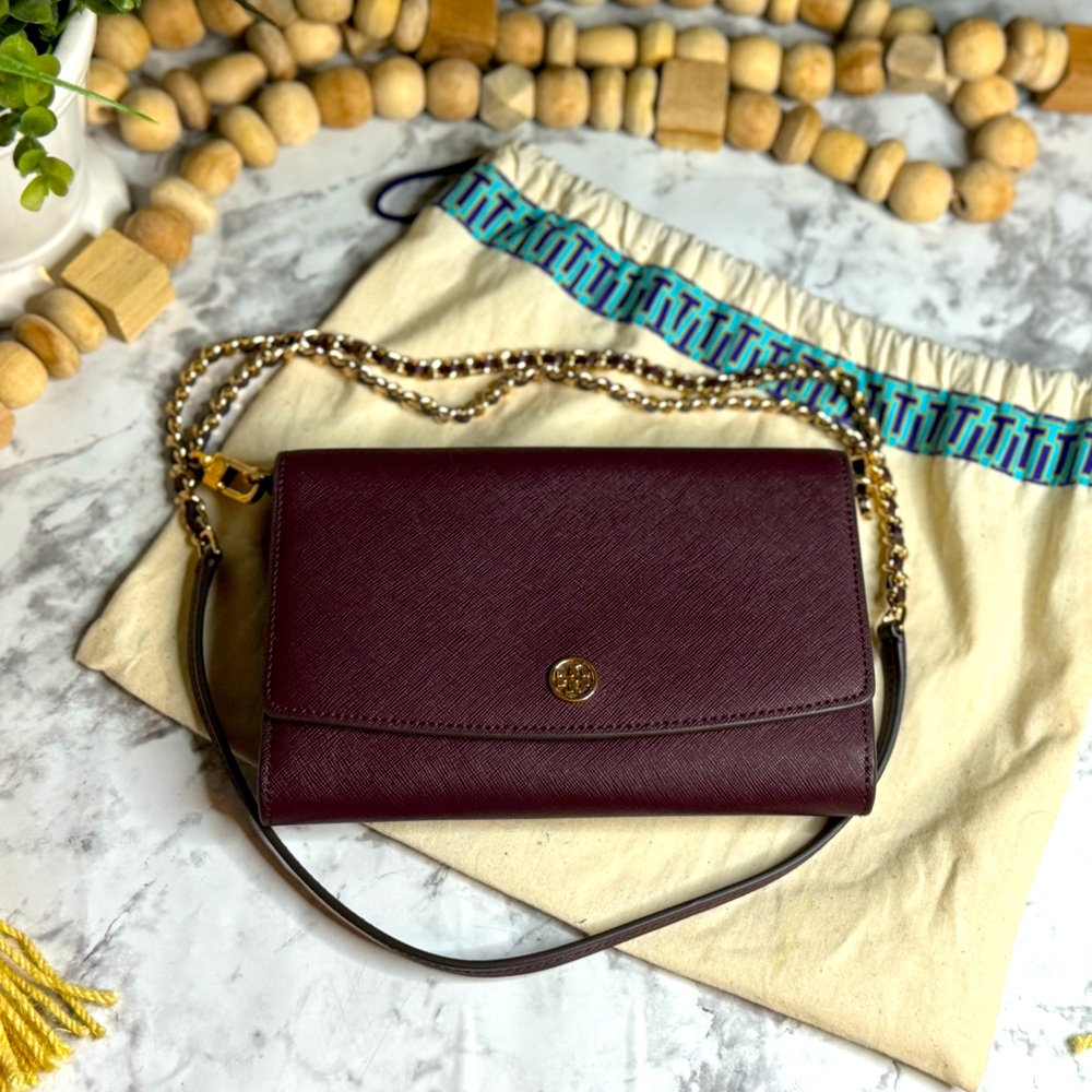 Tory Burch Robinson Leather Wallet on a Chain - burgundy